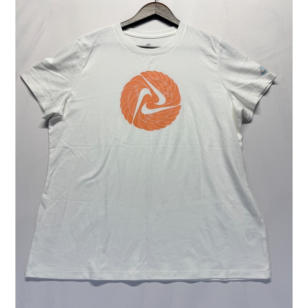 The Nike Tee Shirt Womens XL White Graphic Print Pinwheel Swoosh Logo Cotton‎